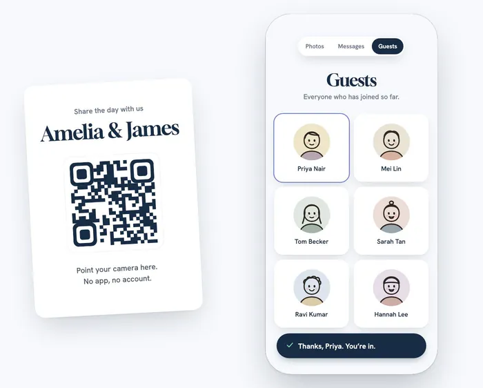 A phone scans the QR on a table card, the guest types her name, draws a portrait and is welcomed in.