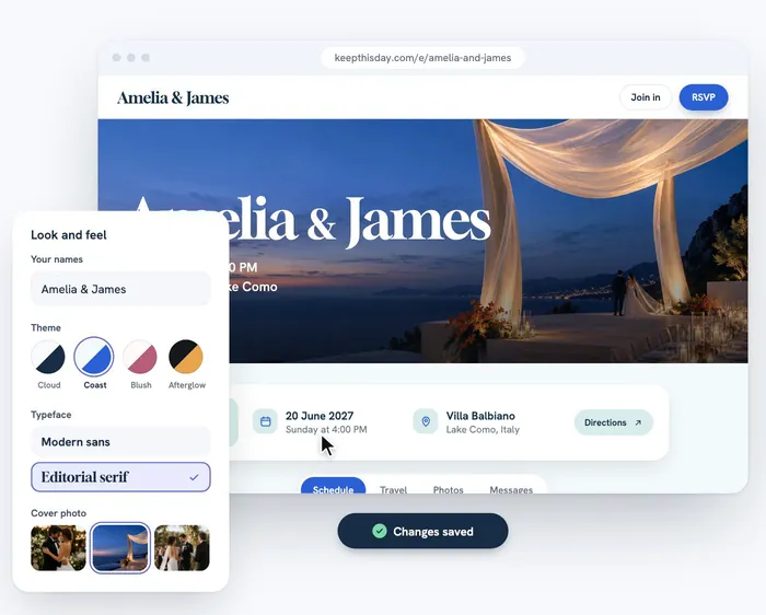 A couple types their names into the website editor, then changes the palette, typeface and cover photo while the preview updates.