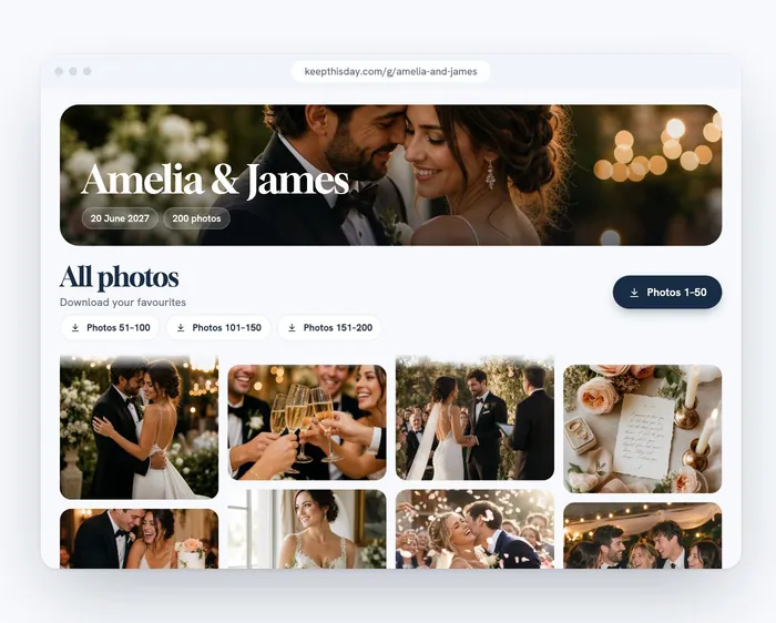 The couple’s gallery scrolls through everyone’s photos and the whole album downloads.