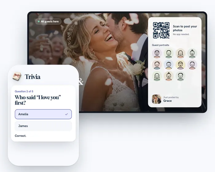 The venue screen fills with guest portraits and photos while a guest answers a couple trivia question.